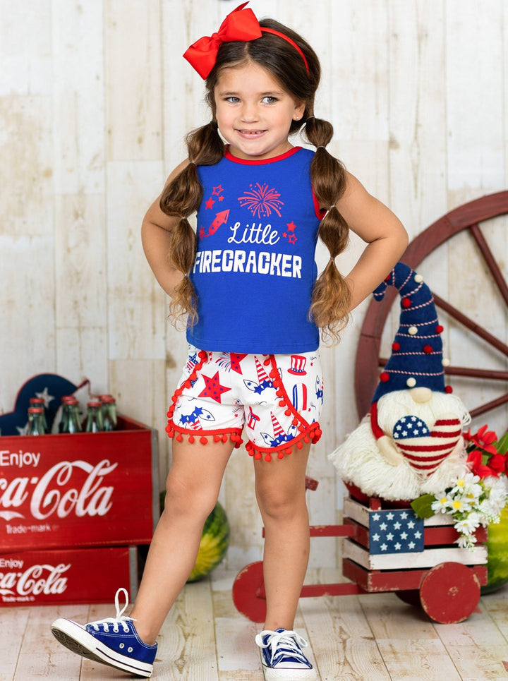 Kids 4th of July Outfits | Little Firecracker Top & Pom Pom Shorts Set