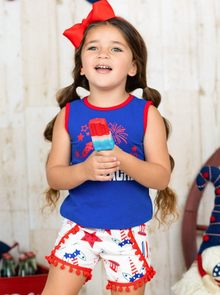 Kids 4th of July Outfits | Little Firecracker Top & Pom Pom Shorts Set