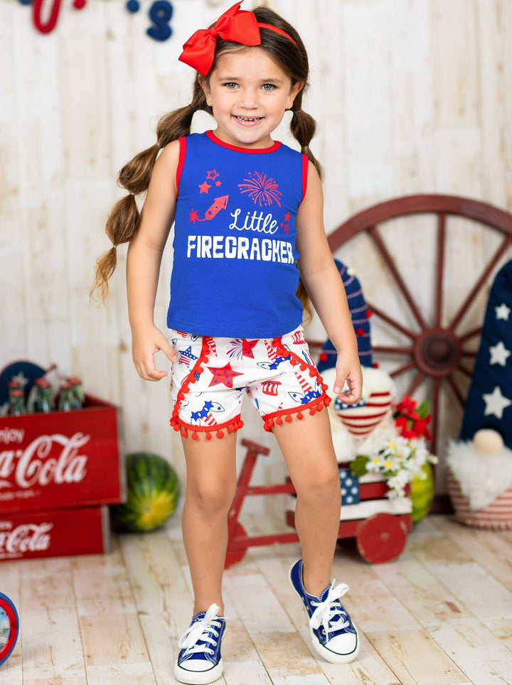 Kids 4th of July Outfits | Little Firecracker Top & Pom Pom Shorts Set