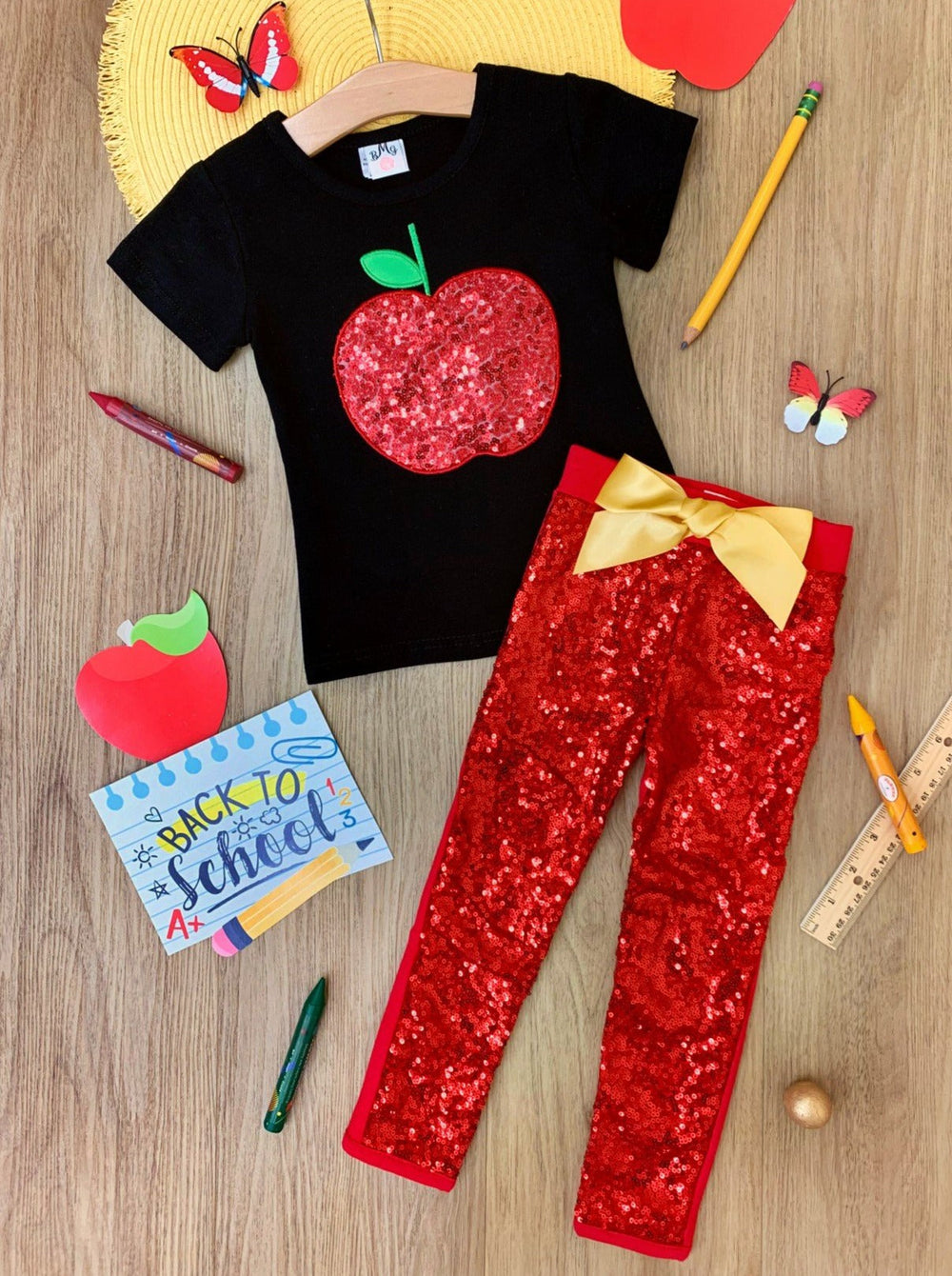 First Day of School | Sequin Apple Top & Legging Set | Mia Belle Girls