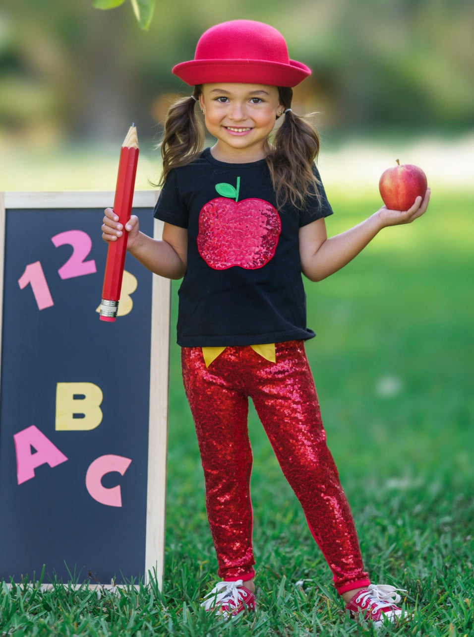 First Day of School | Sequin Apple Top & Legging Set | Mia Belle Girls