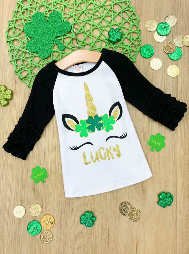 St. Patrick's Day Clothes | Little Girls Unicorn Ruffled Raglan Top