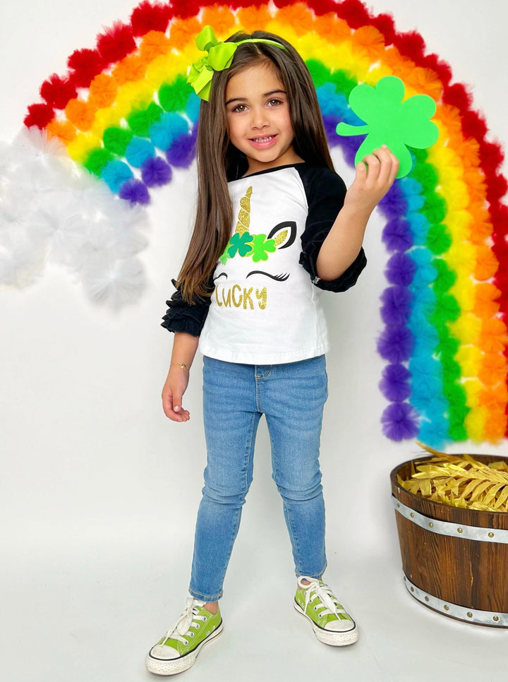 St. Patrick's Day Clothes | Little Girls Unicorn Ruffled Raglan Top