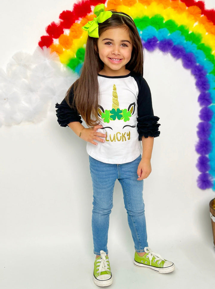 St. Patrick's Day Clothes | Little Girls Unicorn Ruffled Raglan Top