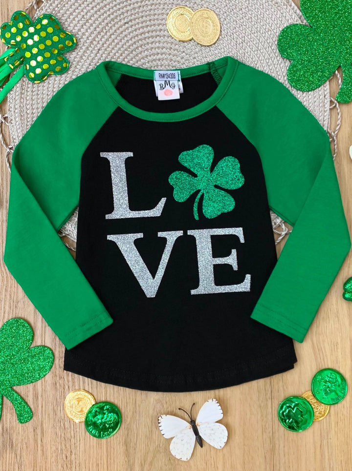 St. Patrick's Day Clothes | Girls Love Shimmer Clover Raglan Top