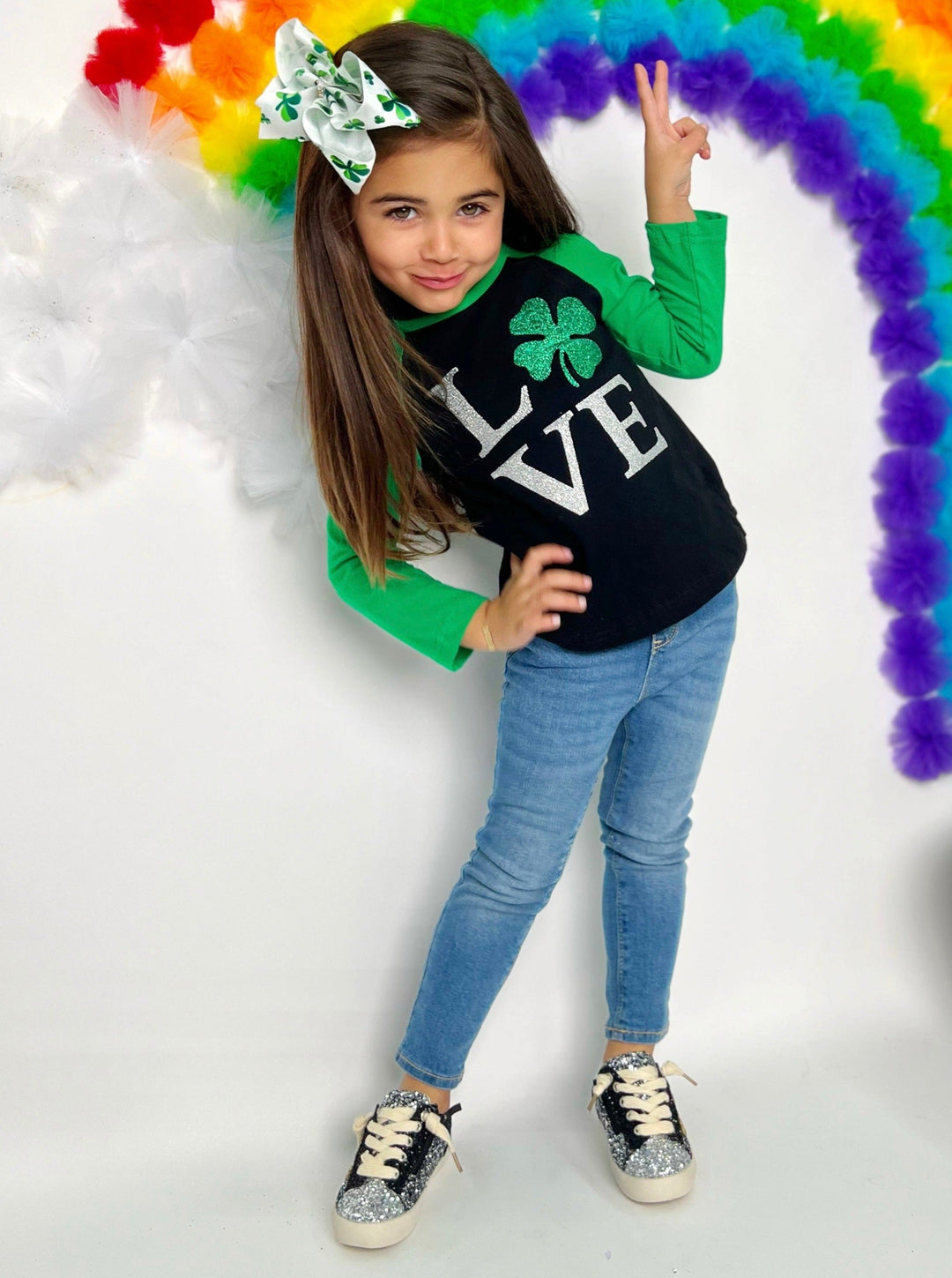 St. Patrick's Day Clothes | Girls Love Shimmer Clover Raglan Top