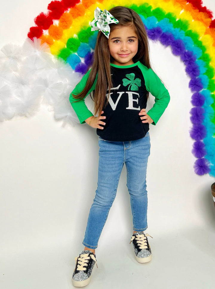 St. Patrick's Day Clothes | Girls Love Shimmer Clover Raglan Top