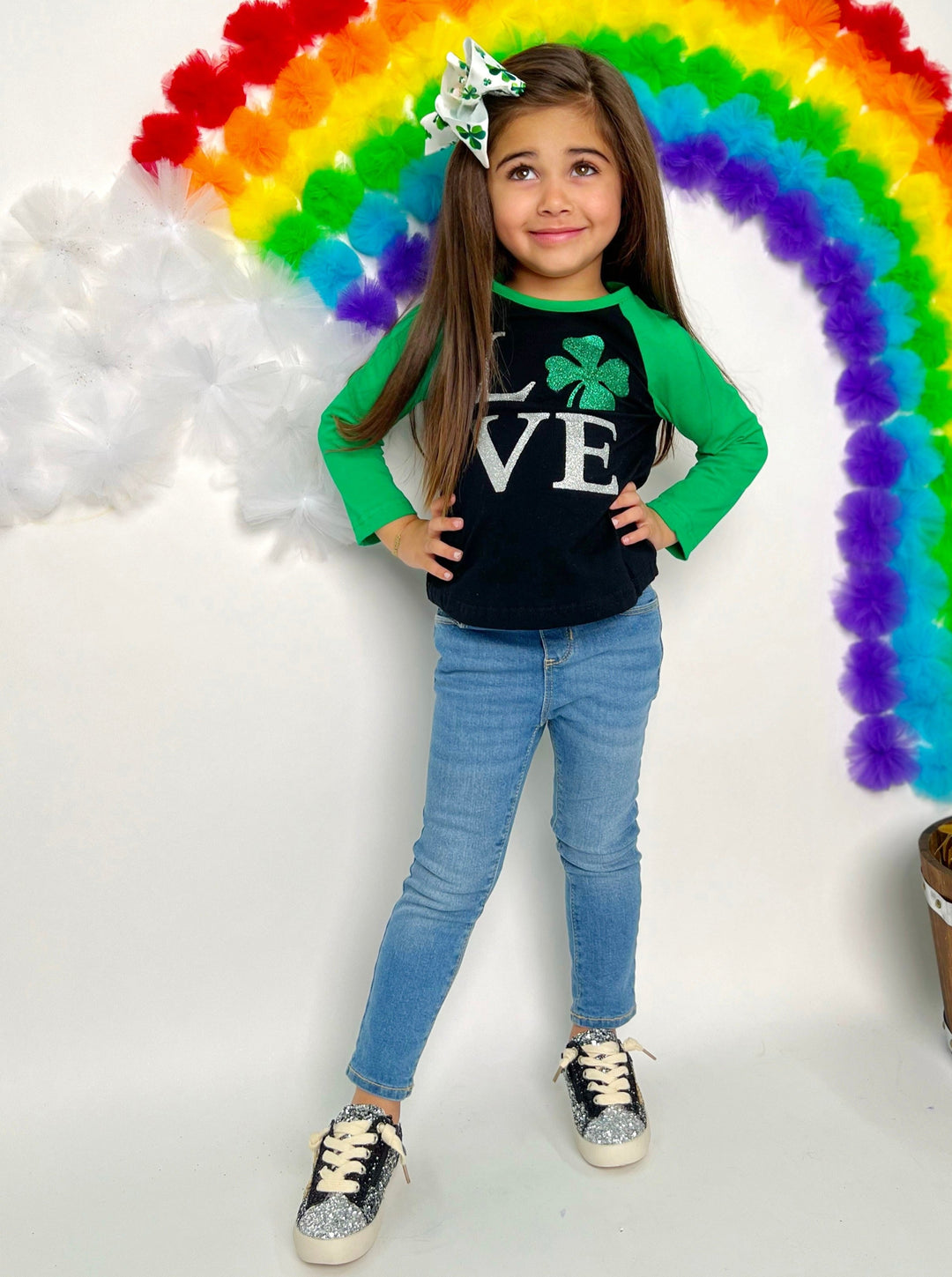 St. Patrick's Day Clothes | Girls Love Shimmer Clover Raglan Top