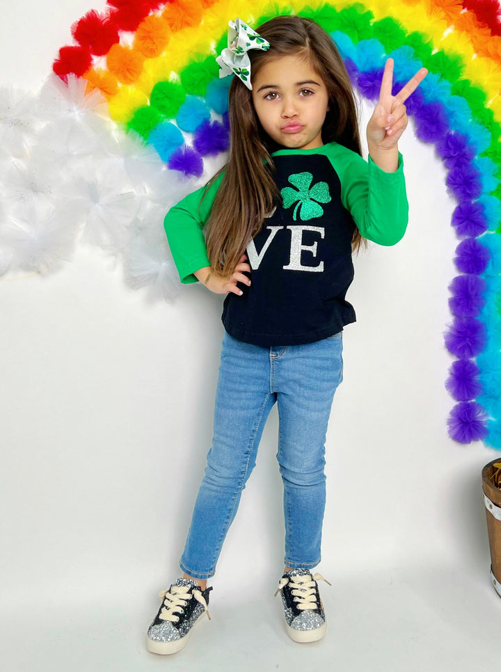 St. Patrick's Day Clothes | Girls Love Shimmer Clover Raglan Top