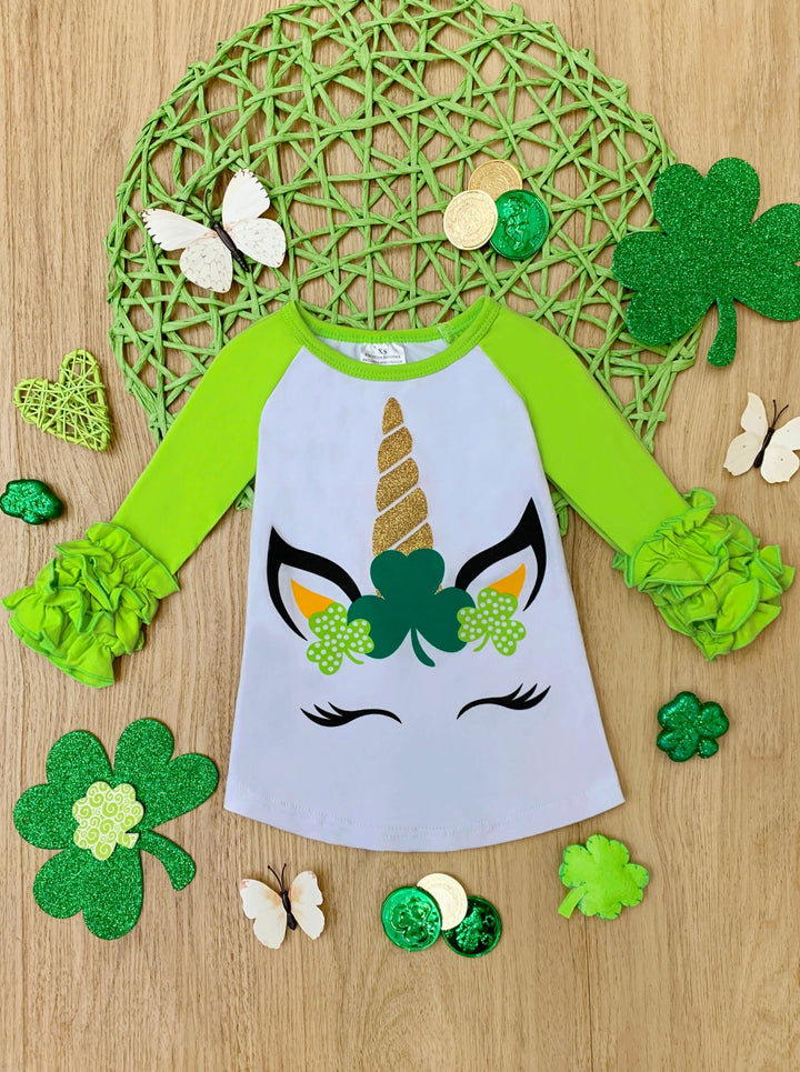 St. Patrick's Day Clothes | Little Girls Unicorn Ruffled Raglan Top