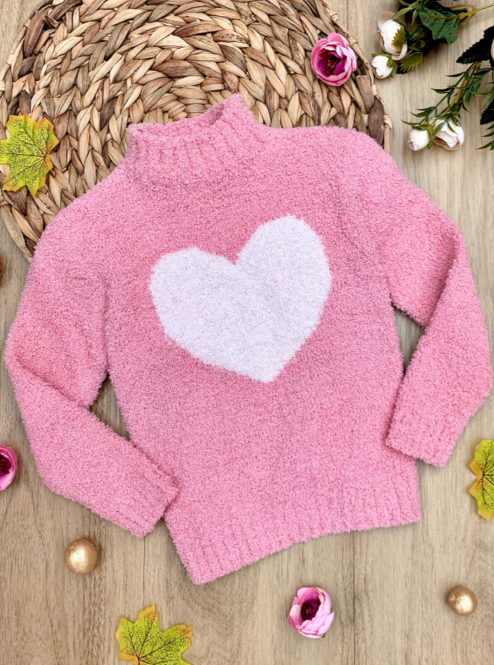 Toddler Valentine's Day Tops | Little Girls Pink Heart Fuzzy Sweater