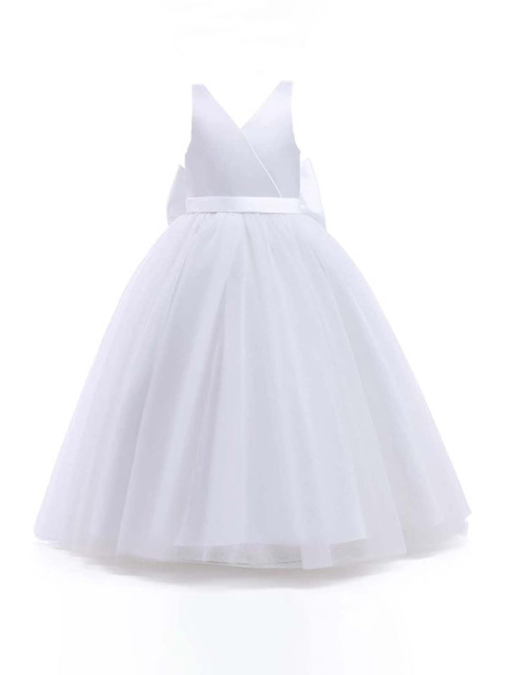 Girls Communion Dresses | White V Neck Full Length Communion Gown