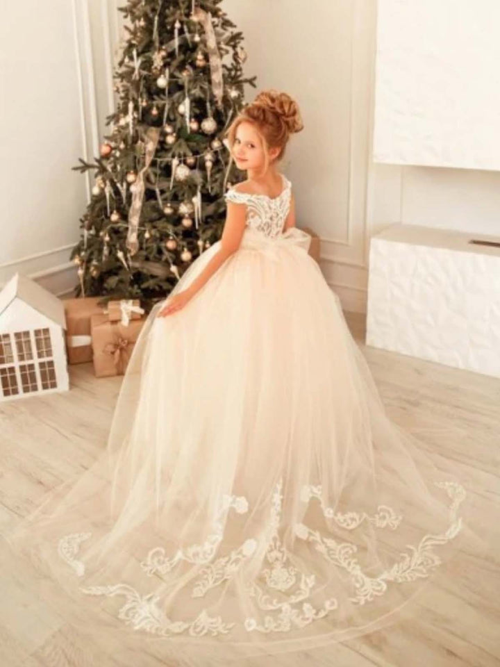 Girls Communion Dresses | Beige Cold Shoulder Lace Embellished Gown