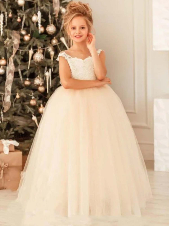 Girls Communion Dresses | Beige Cold Shoulder Lace Embellished Gown