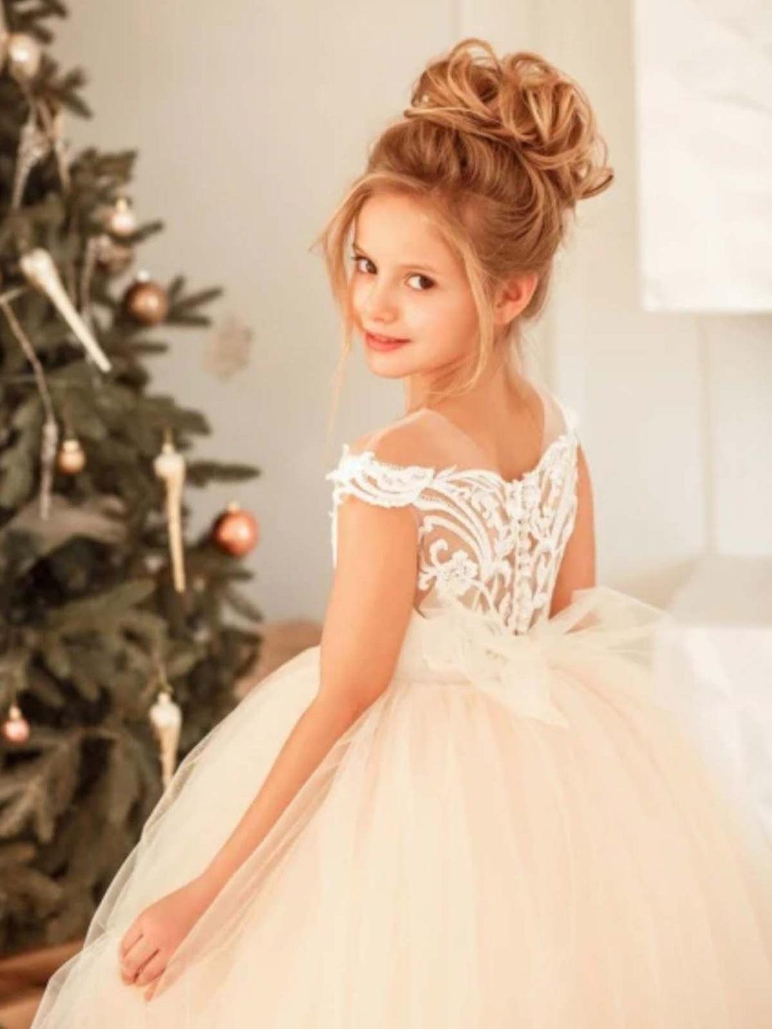 Girls Communion Dresses | Beige Cold Shoulder Lace Embellished Gown