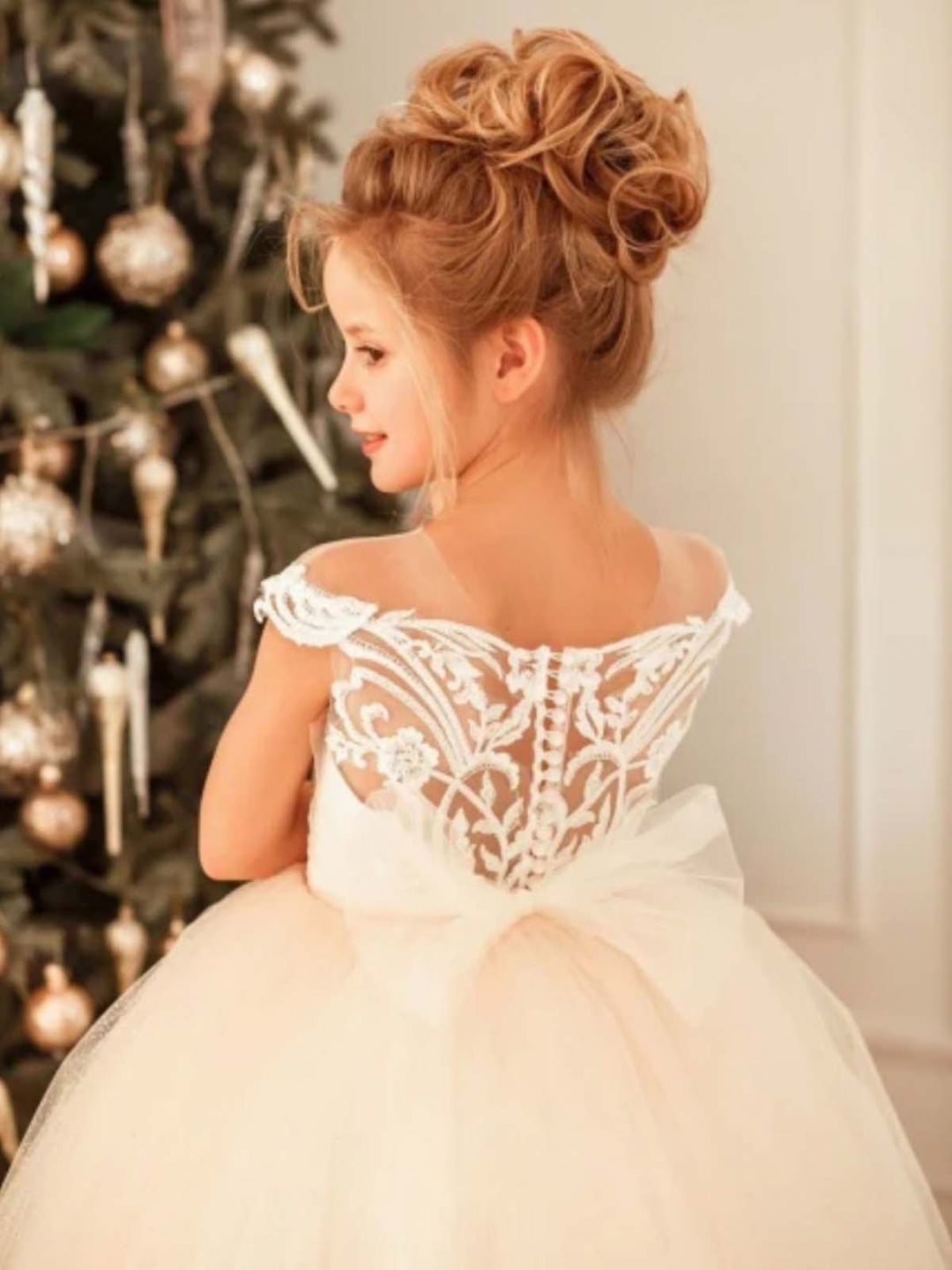 Girls Communion Dresses | Beige Cold Shoulder Lace Embellished Gown