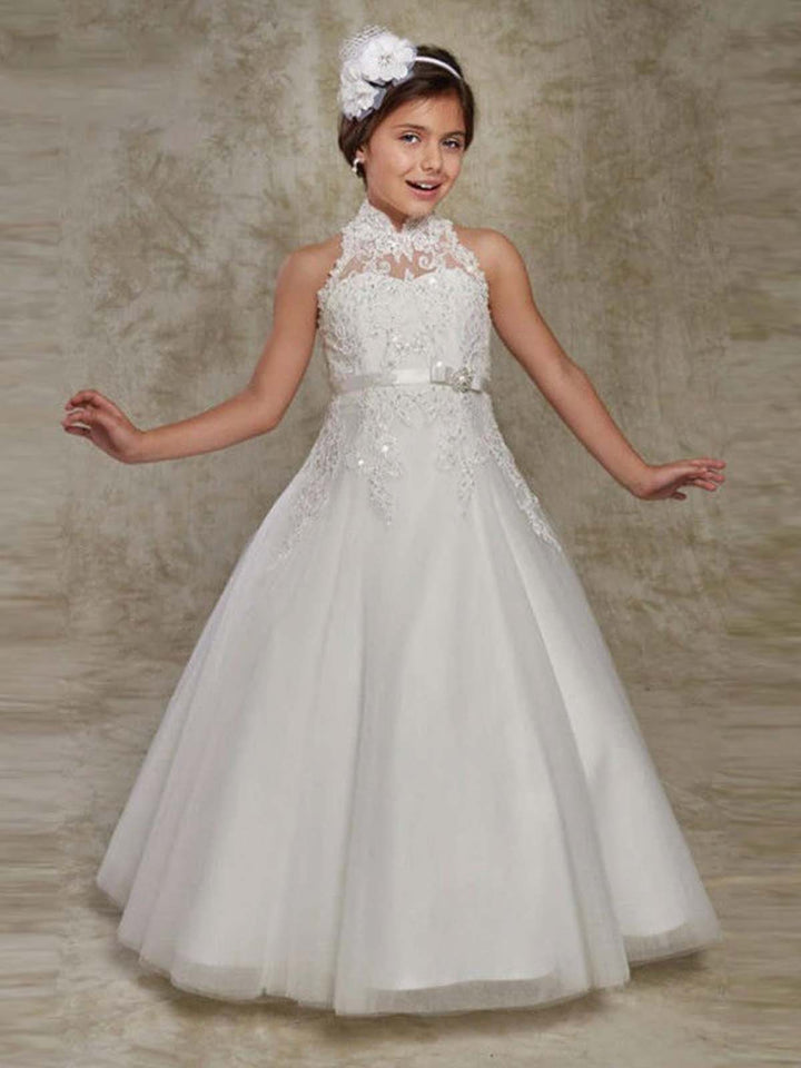 Girls Communion Dresses | White Hi Neck Embellished Belted Waist Gown