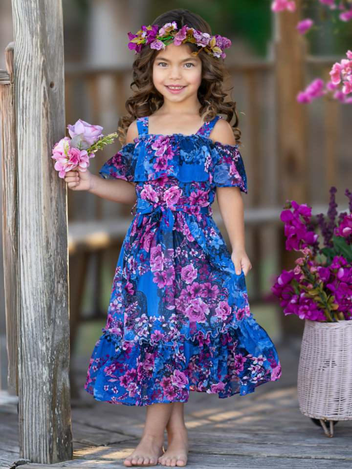 Twilight Blooms Ruffle Midi Dress