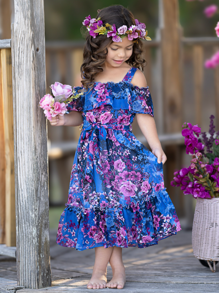 Twilight Blooms Ruffle Midi Dress