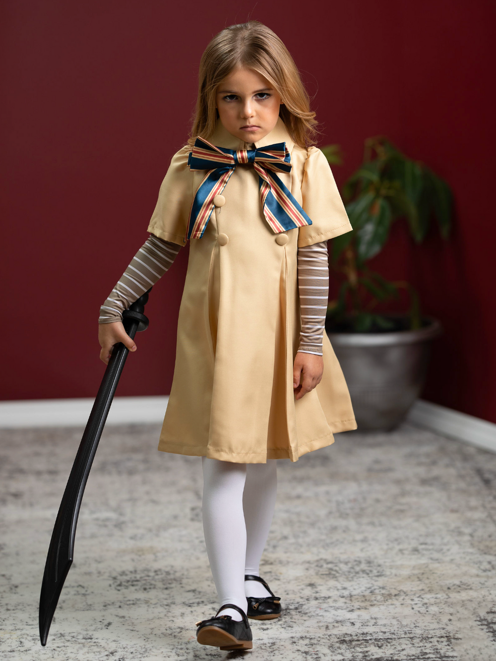 Girls Halloween Costumes | M3GAN Beige Pleated Trench Dress Costume