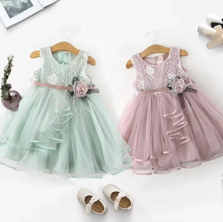 Elegant Lace and Tulle Flower Girl Dress with Ribbon Accent