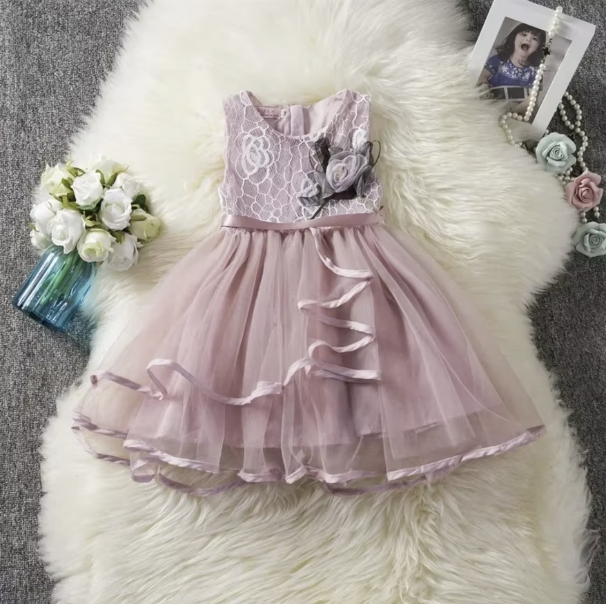 Elegant Lace and Tulle Flower Girl Dress with Ribbon Accent