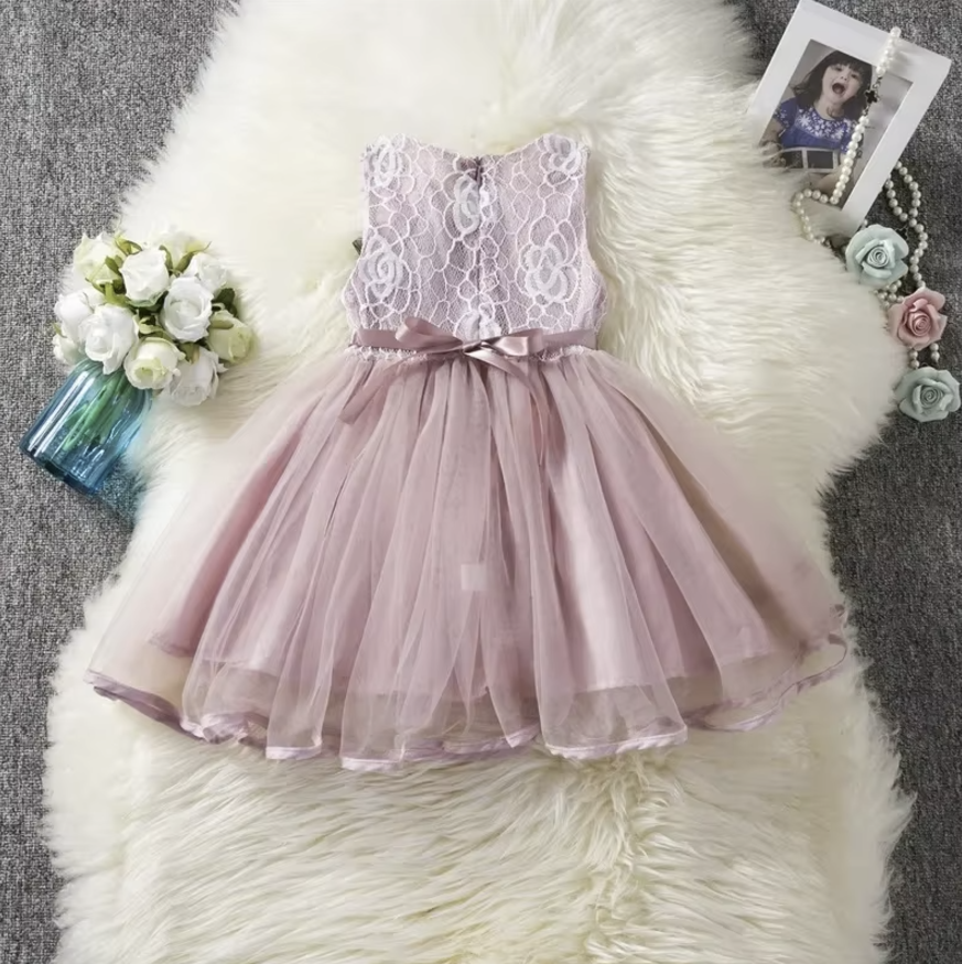 Elegant Lace and Tulle Flower Girl Dress with Ribbon Accent