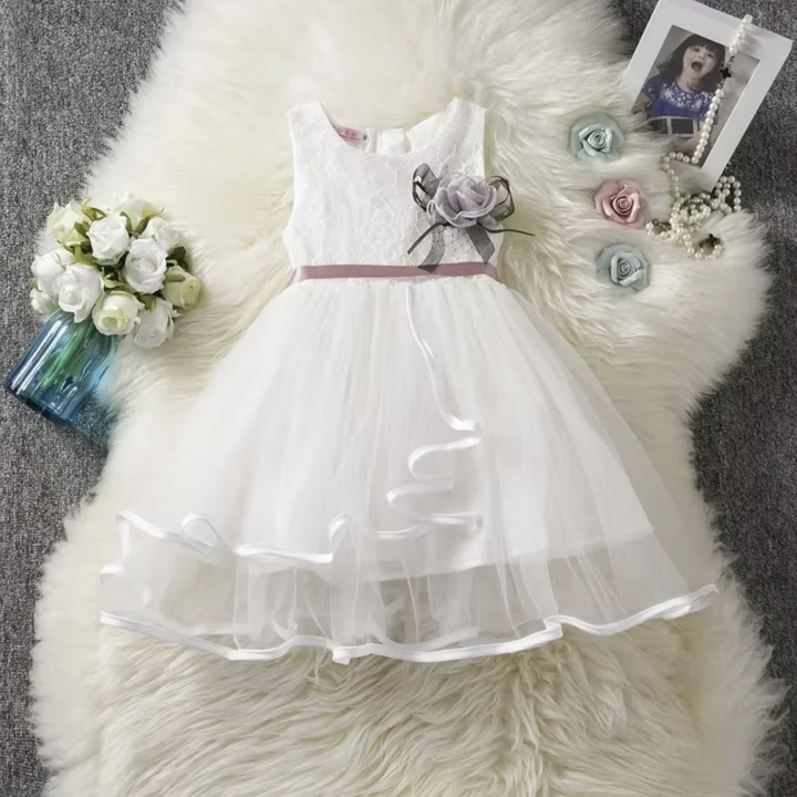 Elegant Lace and Tulle Flower Girl Dress with Ribbon Accent