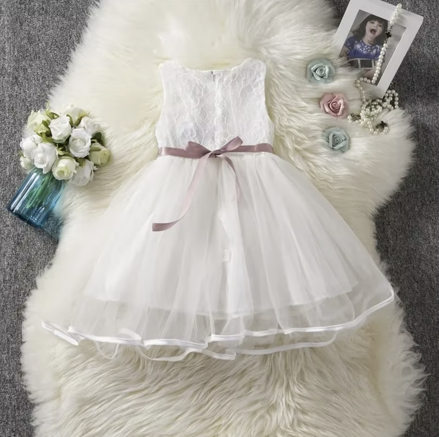 Elegant Lace and Tulle Flower Girl Dress with Ribbon Accent