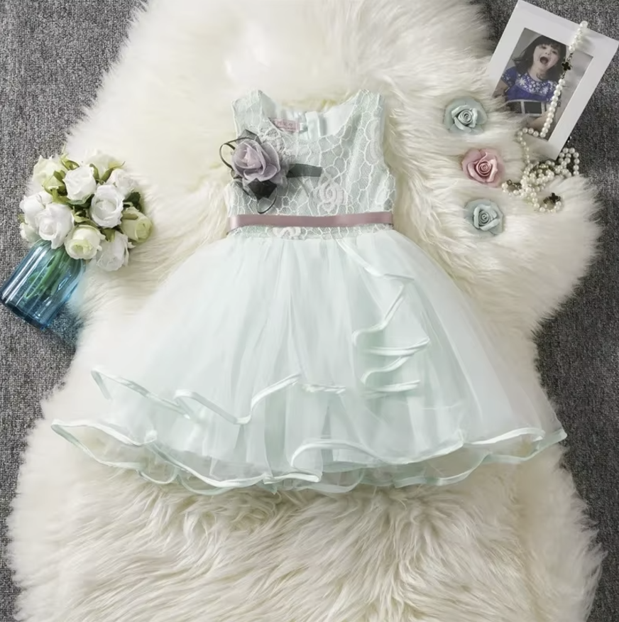 Elegant Lace and Tulle Flower Girl Dress with Ribbon Accent