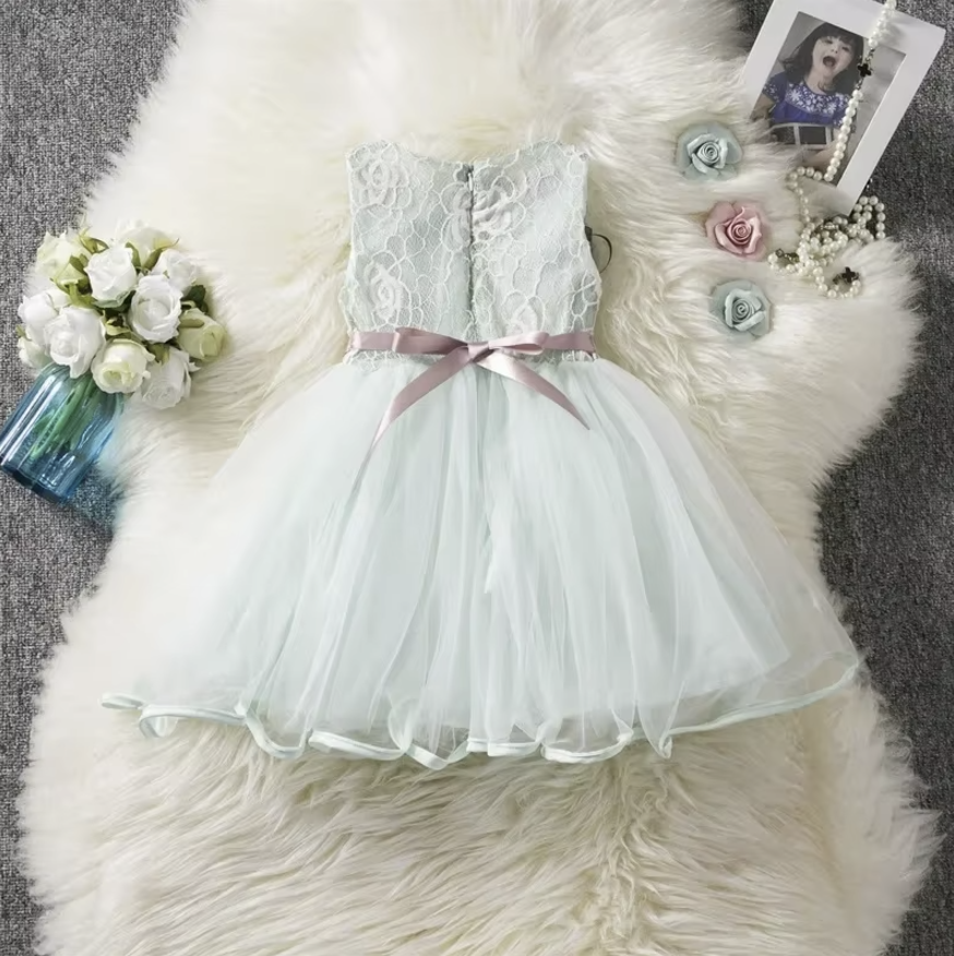 Elegant Lace and Tulle Flower Girl Dress with Ribbon Accent