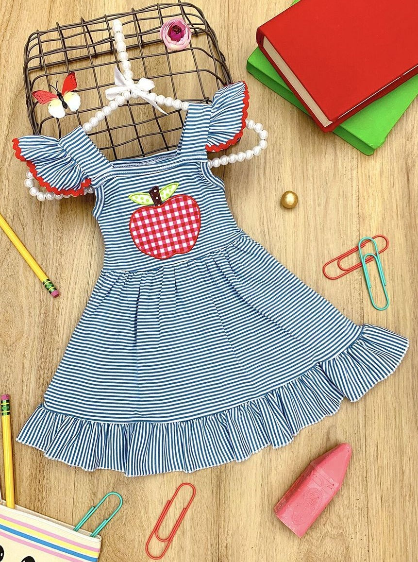 1st Day Of School | Striped Apple Ruffle Dress | Mia Belle Girls