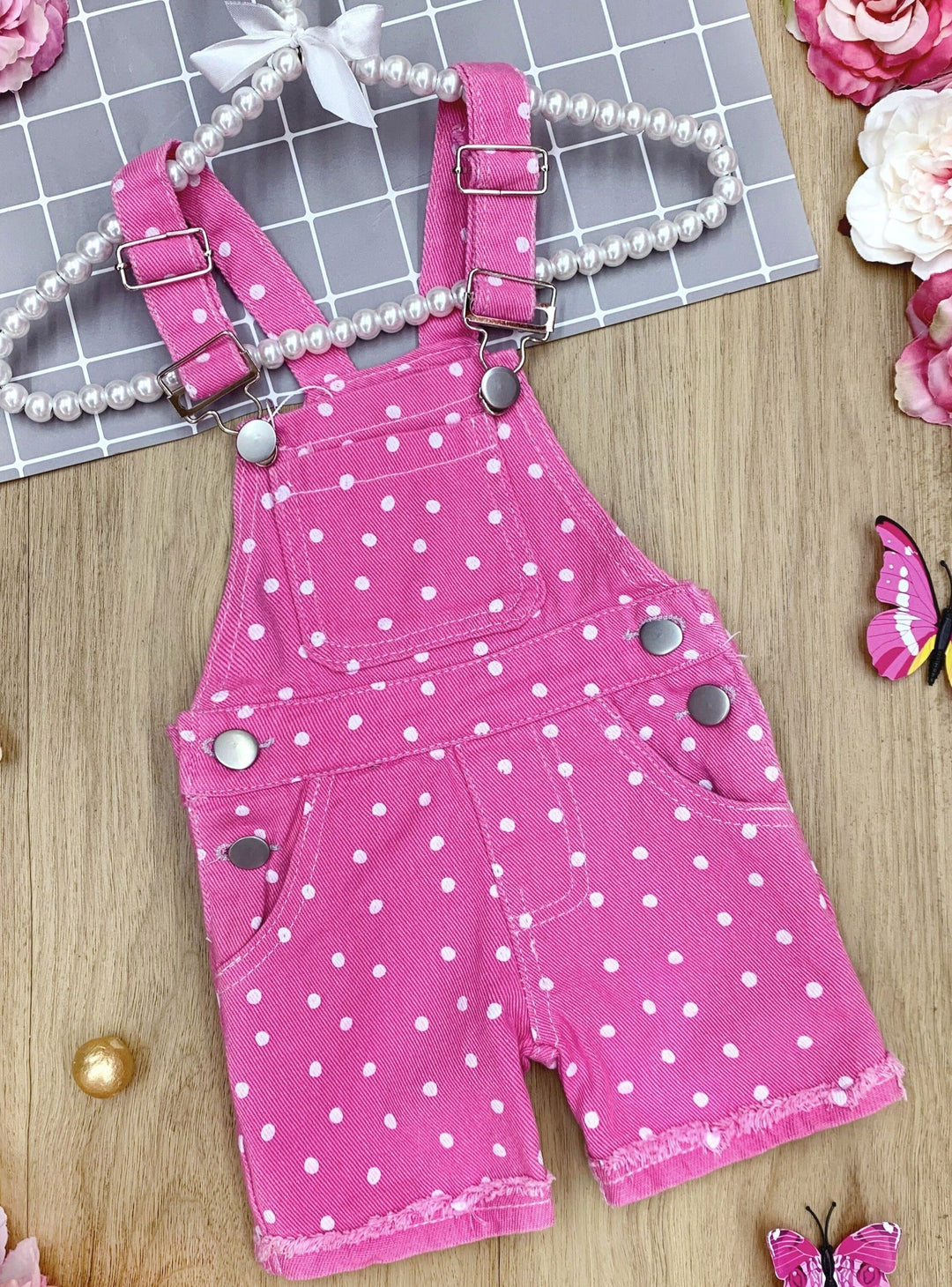 Cute Spring Toddler Outfit | Girls Polka Dot Cuffed Denim Overalls