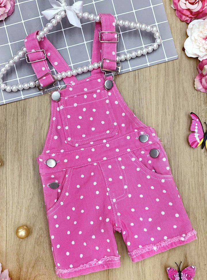 Cute Spring Toddler Outfit | Girls Polka Dot Cuffed Denim Overalls