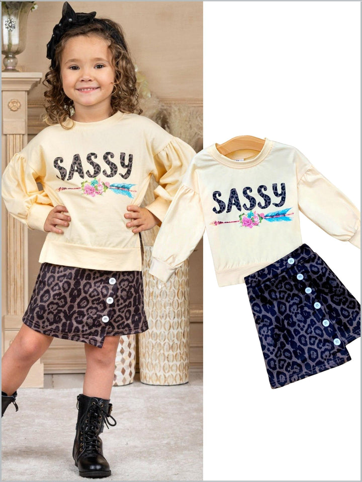 Little girls Fall long-sleeve "Sassy" graphic sweatshirt with side slits and a button-down leopard print skirt - Mia Belle Girls