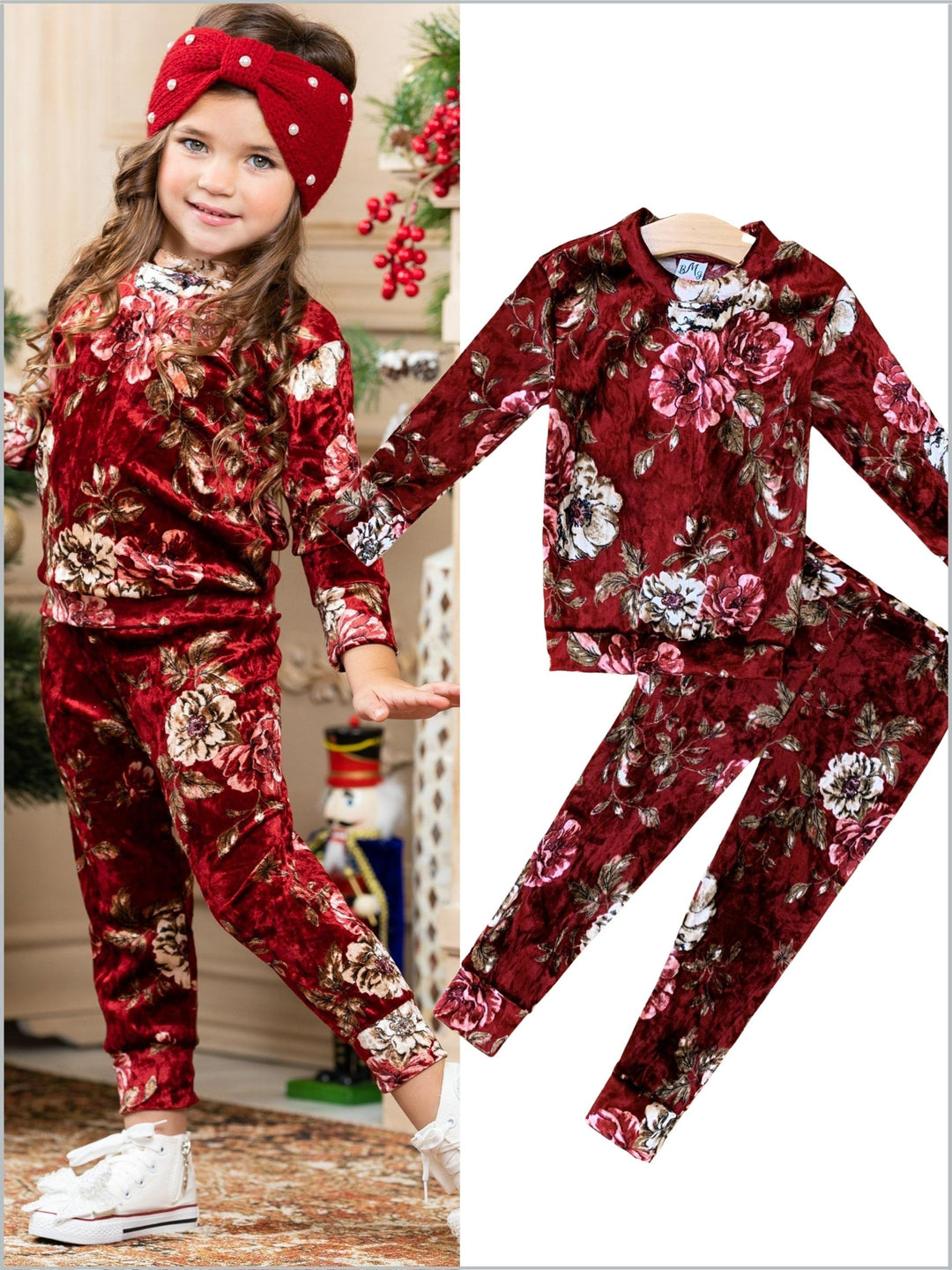 Cute Winter Sets | Girls Crushed Velvet Floral Print Jogger Set