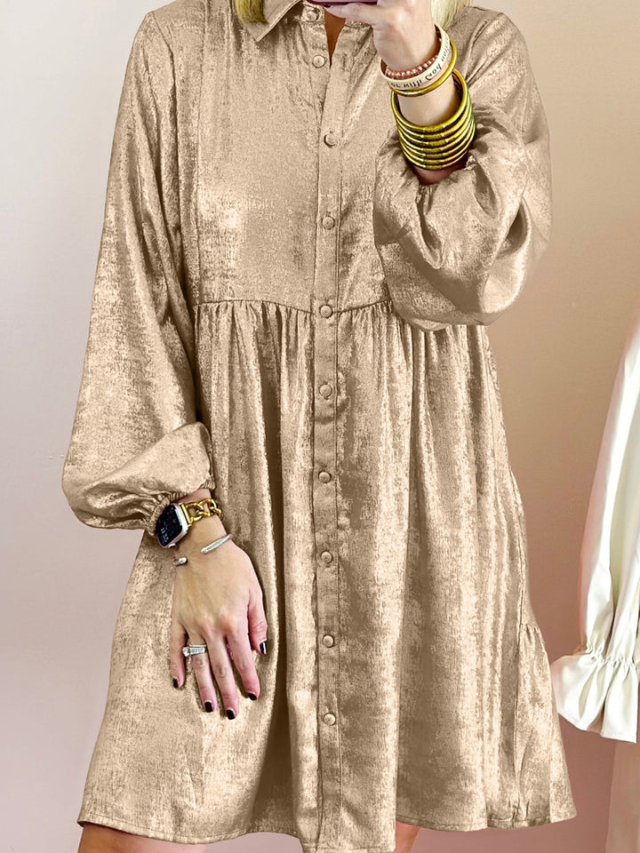 Womens Apricot Metallic Sheen Puff Sleeve Button Up Mini Shirt Dress