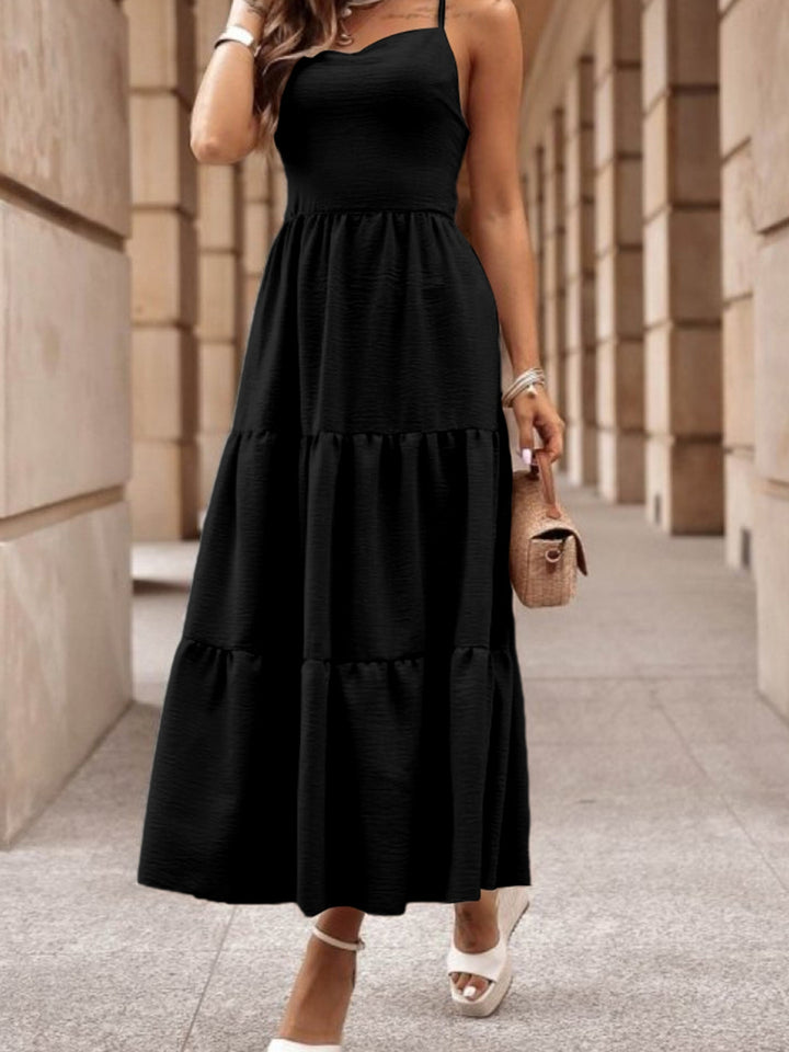 Womens Black Crossover Backless Bodice Tiered Maxi Dress