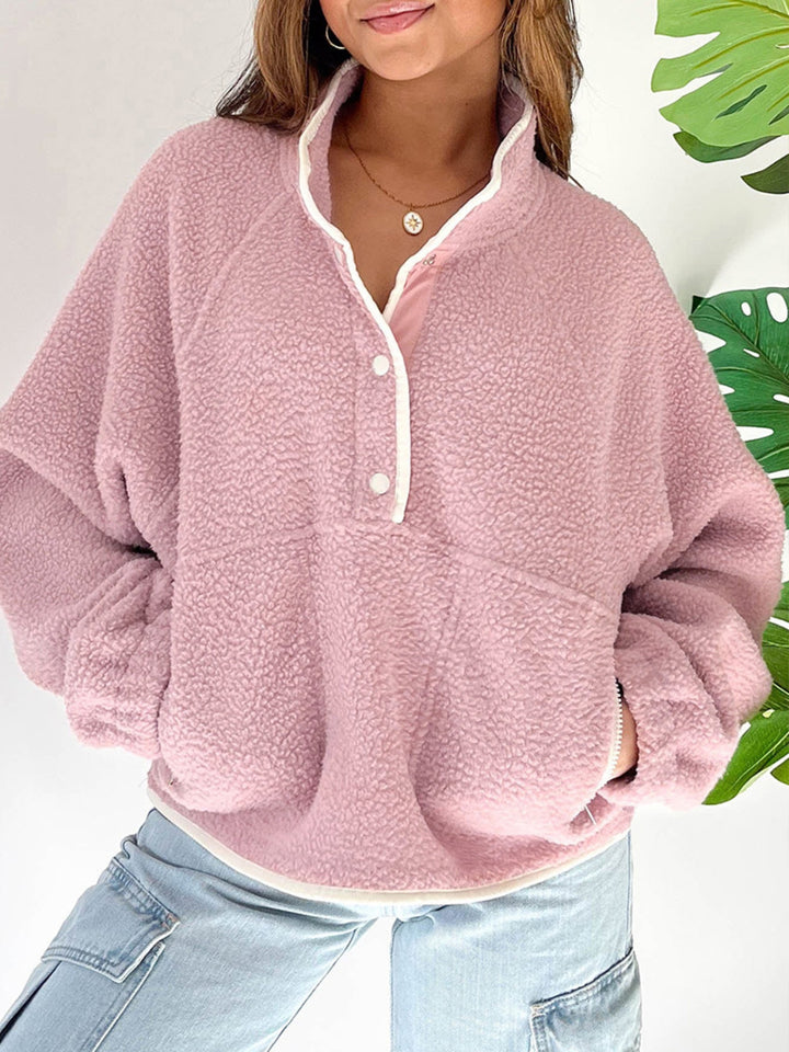 Womens Pink Half Button Plush Sweatshirt