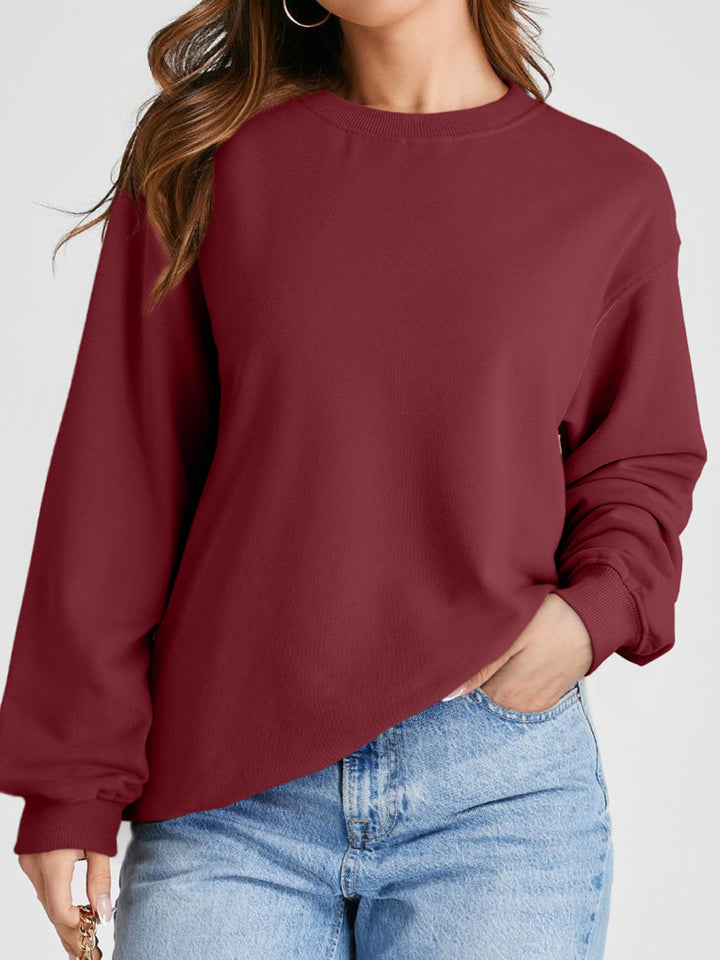 Womens Burgundy Plain Drop Shoulder Crewneck Pullover Sweatshirt