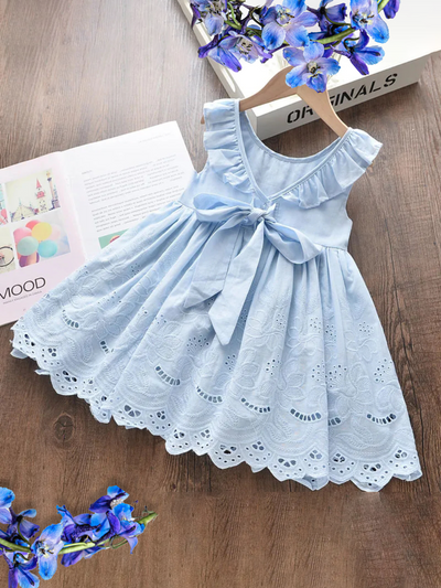 Girls Casual Spring Dresses | Sleeveless Blue Ruffle Eyelet Dress – Mia ...