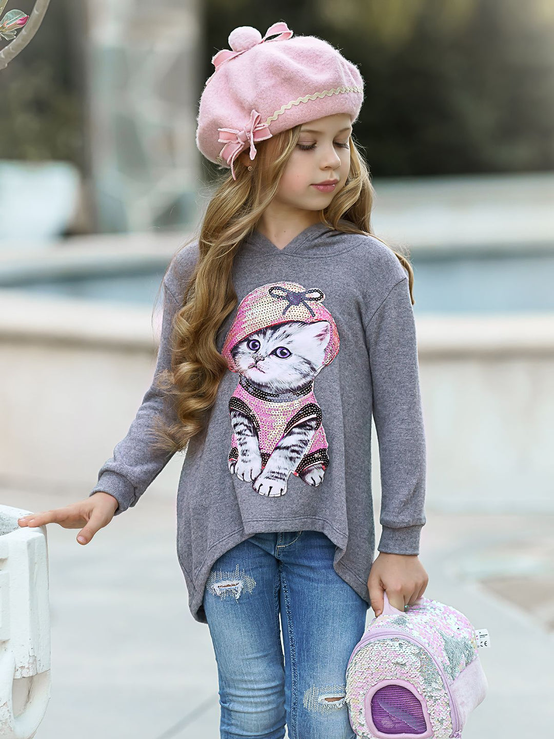 Cozy Winter Tops | Girls Sequin Animal Graphic Hi-Lo Hoodie Sweater