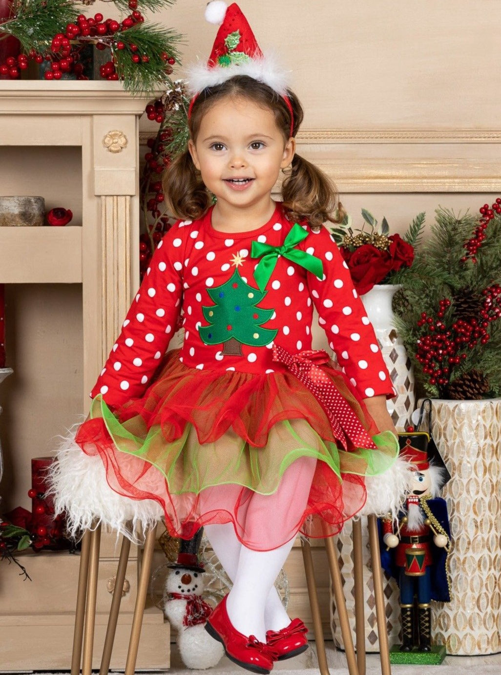 Christmas Dresses | Girls Polka Dot Bodice Christmas Tiered Tutu Dress