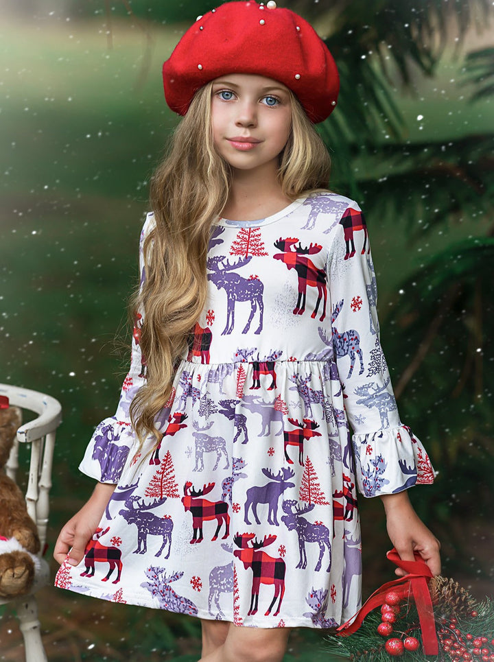 Cute Winter Dress | Girls Winter Reindeer & Moose A-Line Ruffle Dress