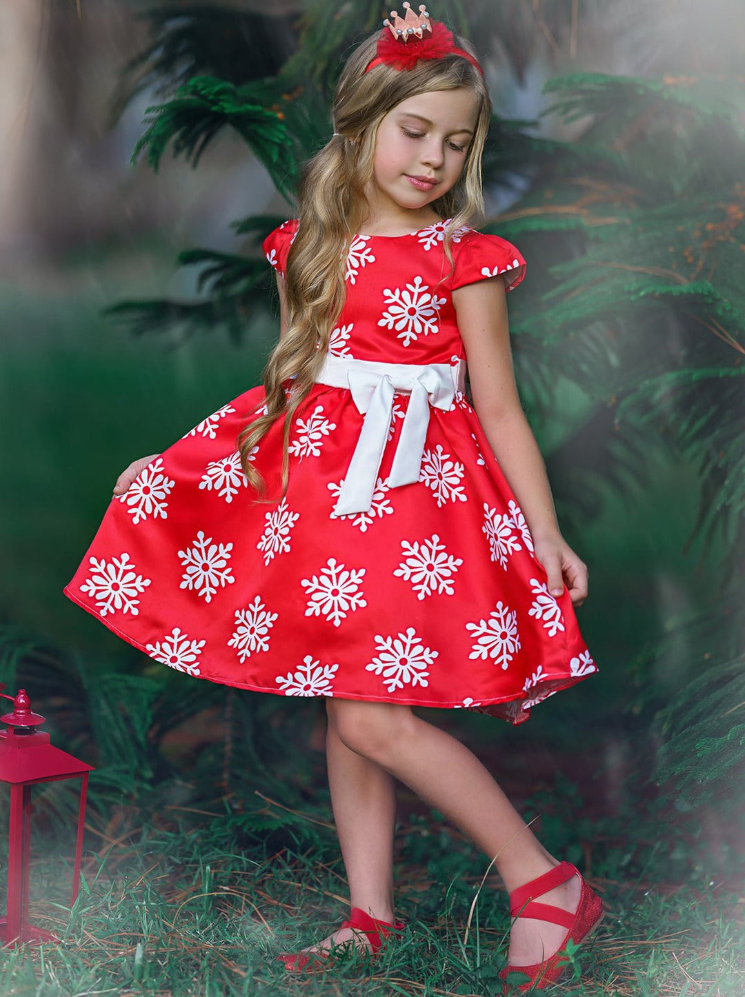 Winter Formal Dresses | Girls Red Cap Sleeve Snowflake Holiday Dress