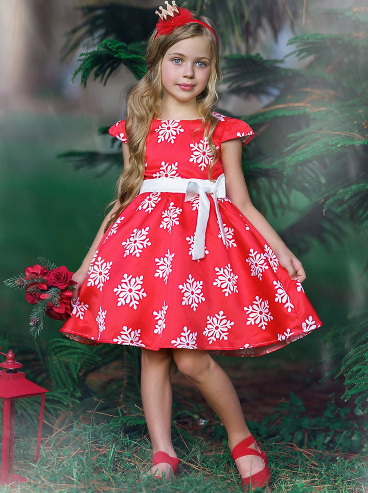 Winter Formal Dresses | Girls Red Cap Sleeve Snowflake Holiday Dress