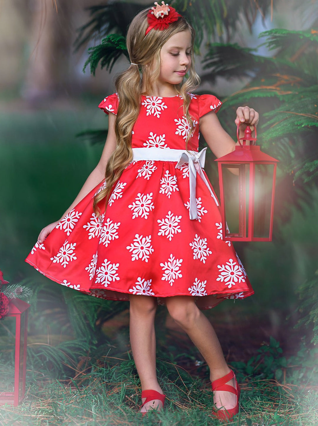 Winter Formal Dresses | Girls Red Cap Sleeve Snowflake Holiday Dress