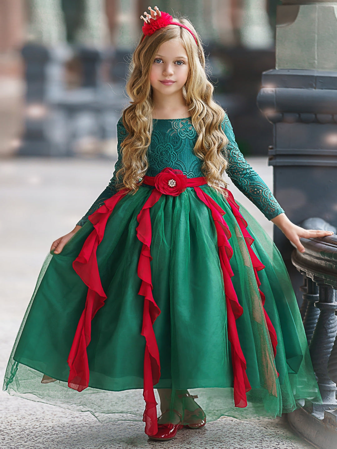 Girls Winter Formal Wear | Long Lace Sleeve Princess Holiday Gown