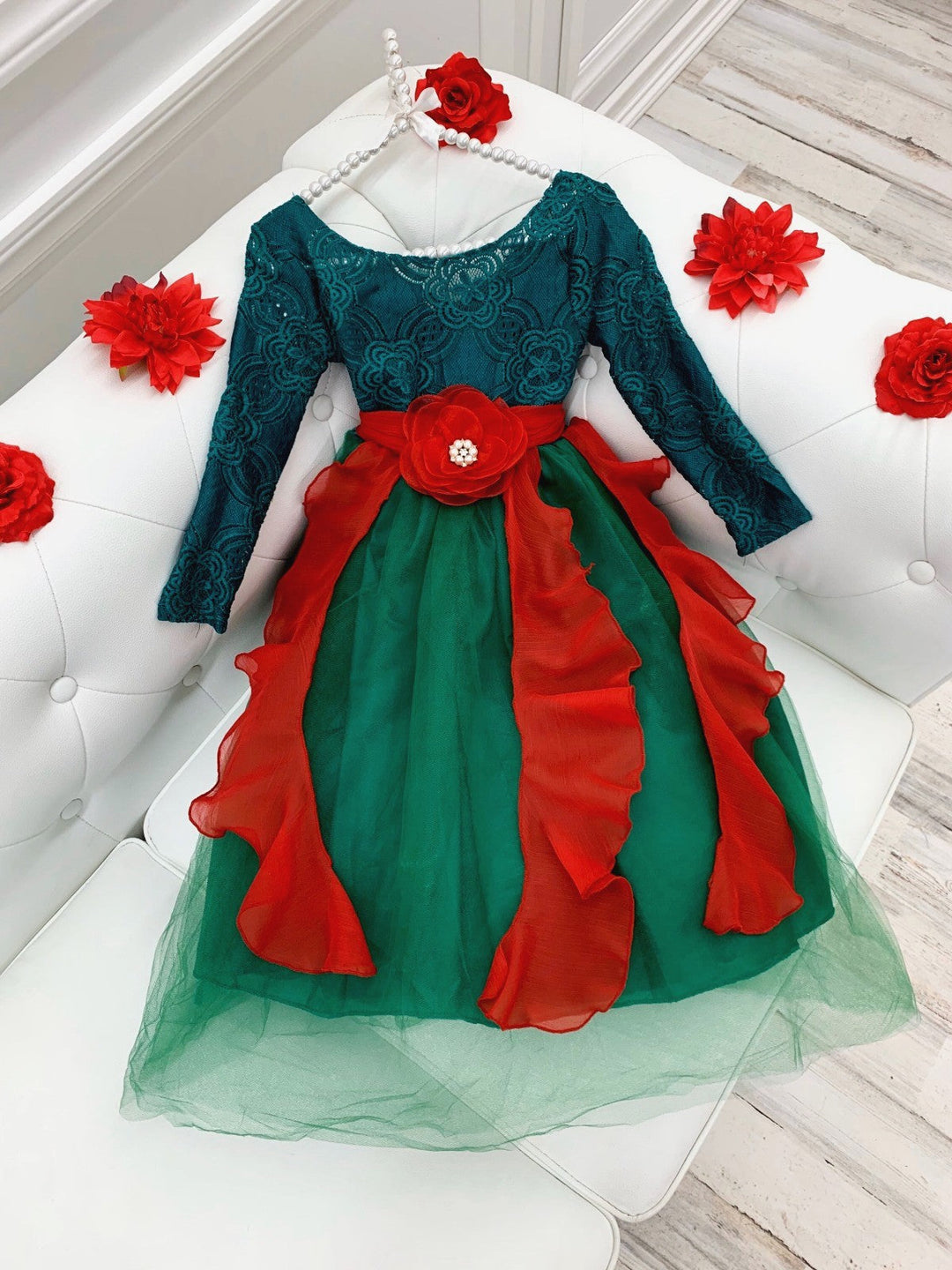 Girls Winter Formal Wear | Long Lace Sleeve Princess Holiday Gown