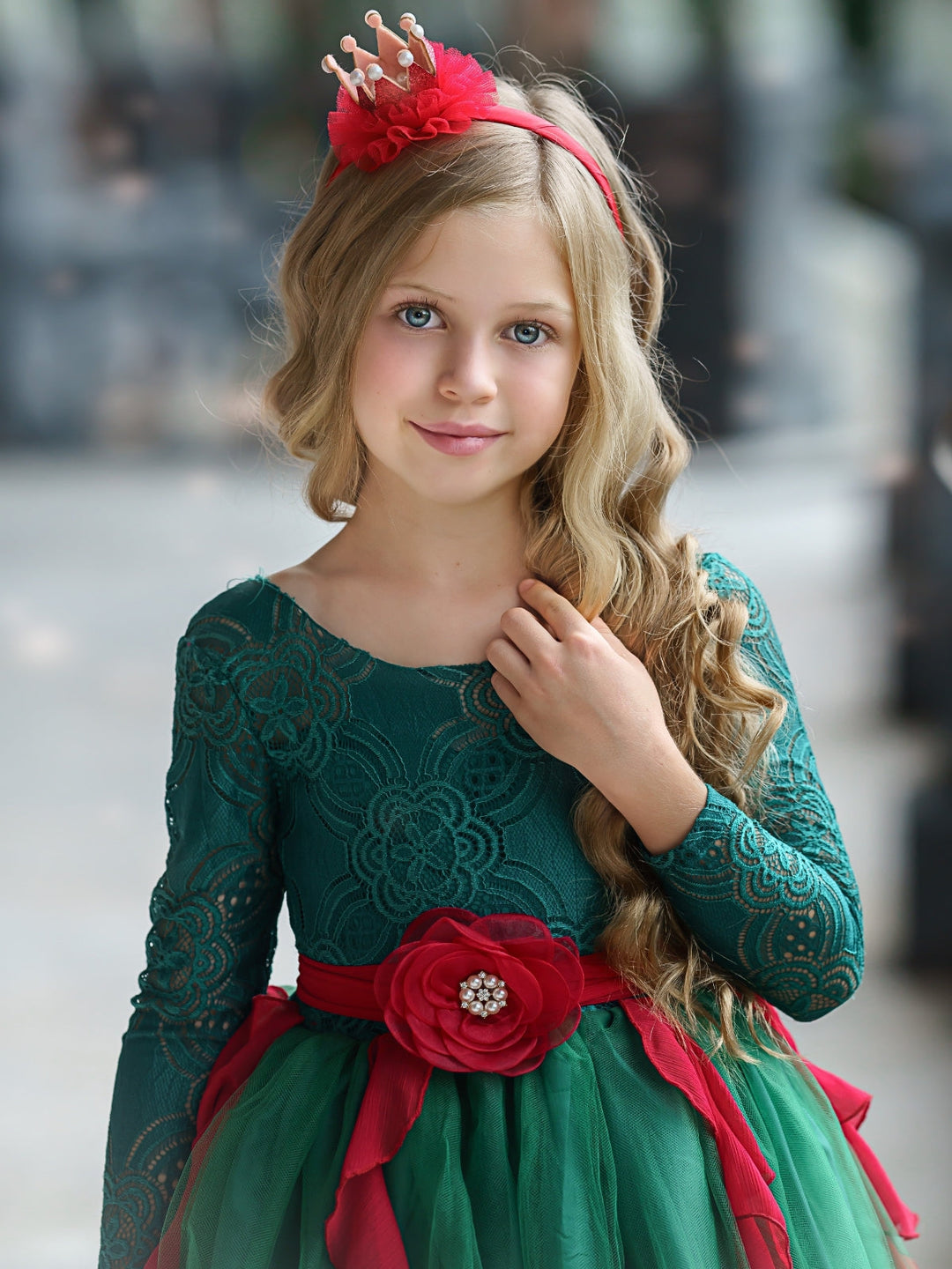 Girls Winter Formal Wear | Long Lace Sleeve Princess Holiday Gown